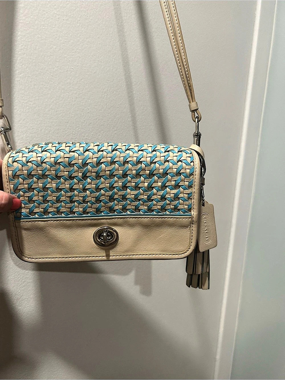 Coach Woven Leather Mini Crossbody - Turquoise Cream - 23705